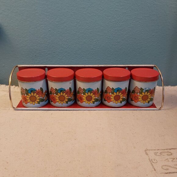Vintage Metal Wall Mount Spice Rack with tins - Picture 1 of 4
